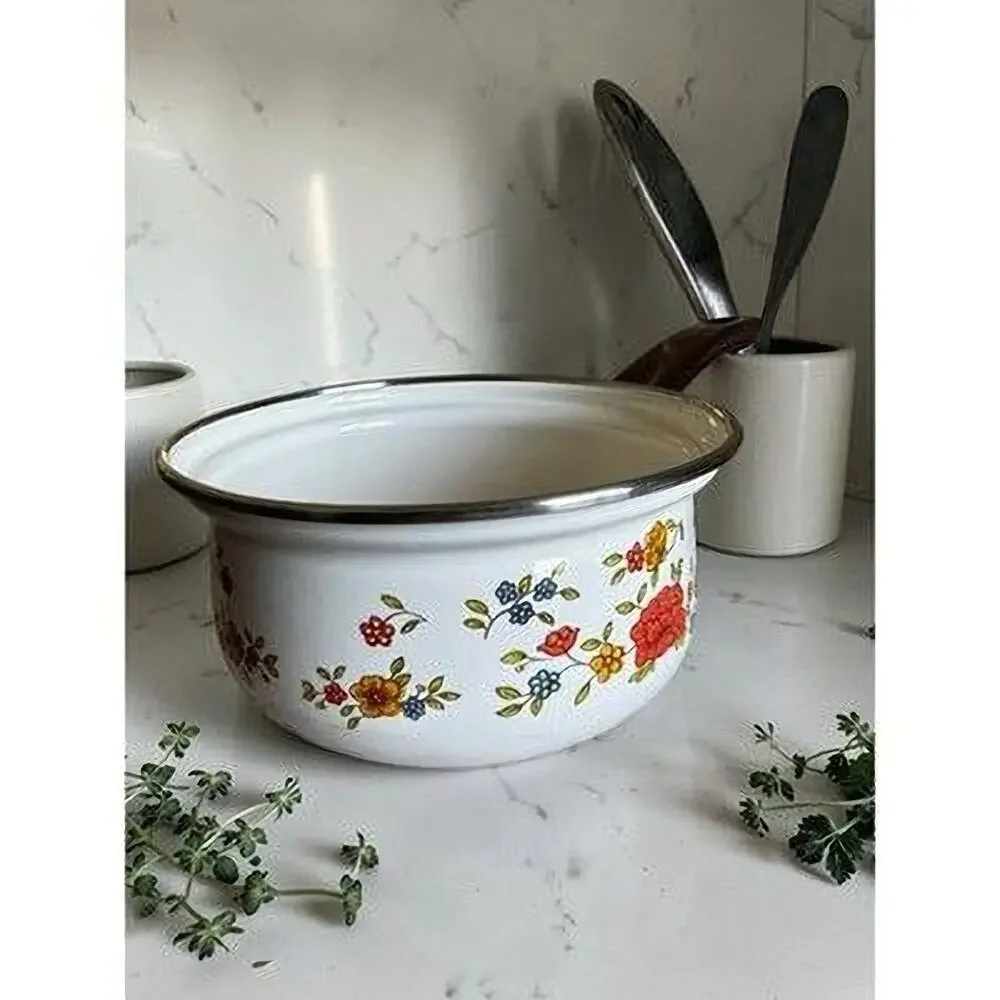 Vintage Floral Enamel Saucepan – Summer Garden Exciel Pot with Wooden Handle